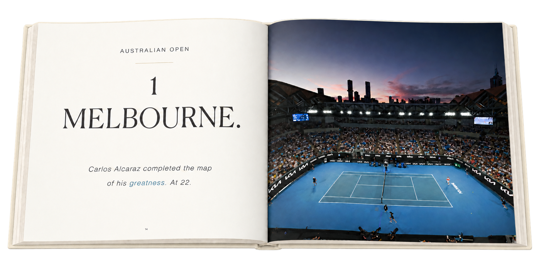 Slam Book open to pages 14 and 15, introducing the Australian Open chapter with a photograph of Melbourne Park